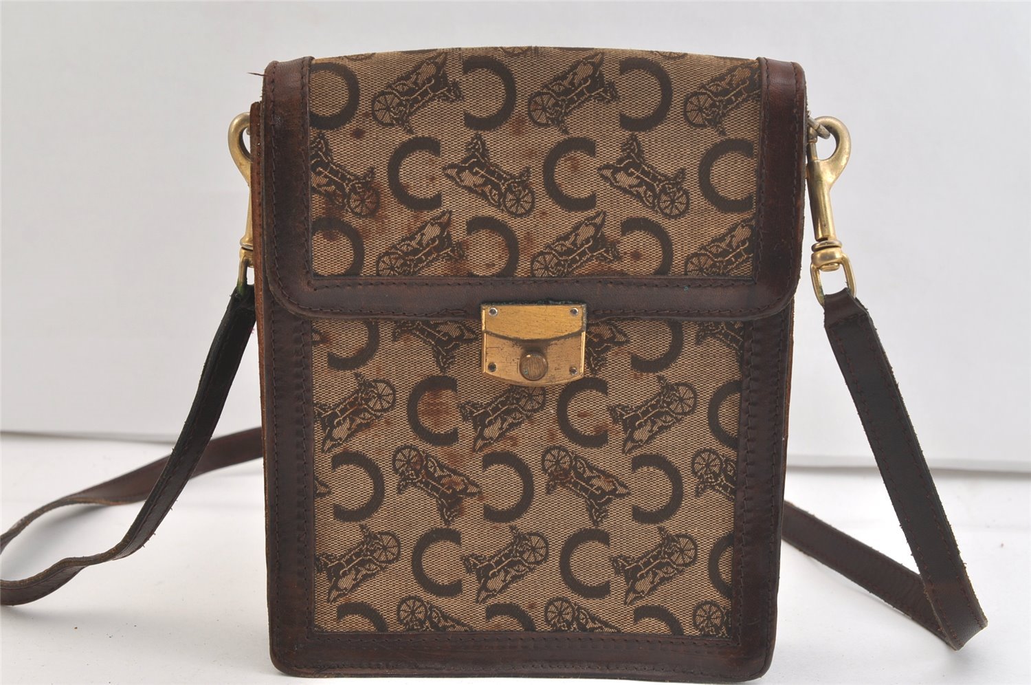 Authentic CELINE C Macadam Blason Shoulder Bag Canvas Leather Brown Junk 3511K