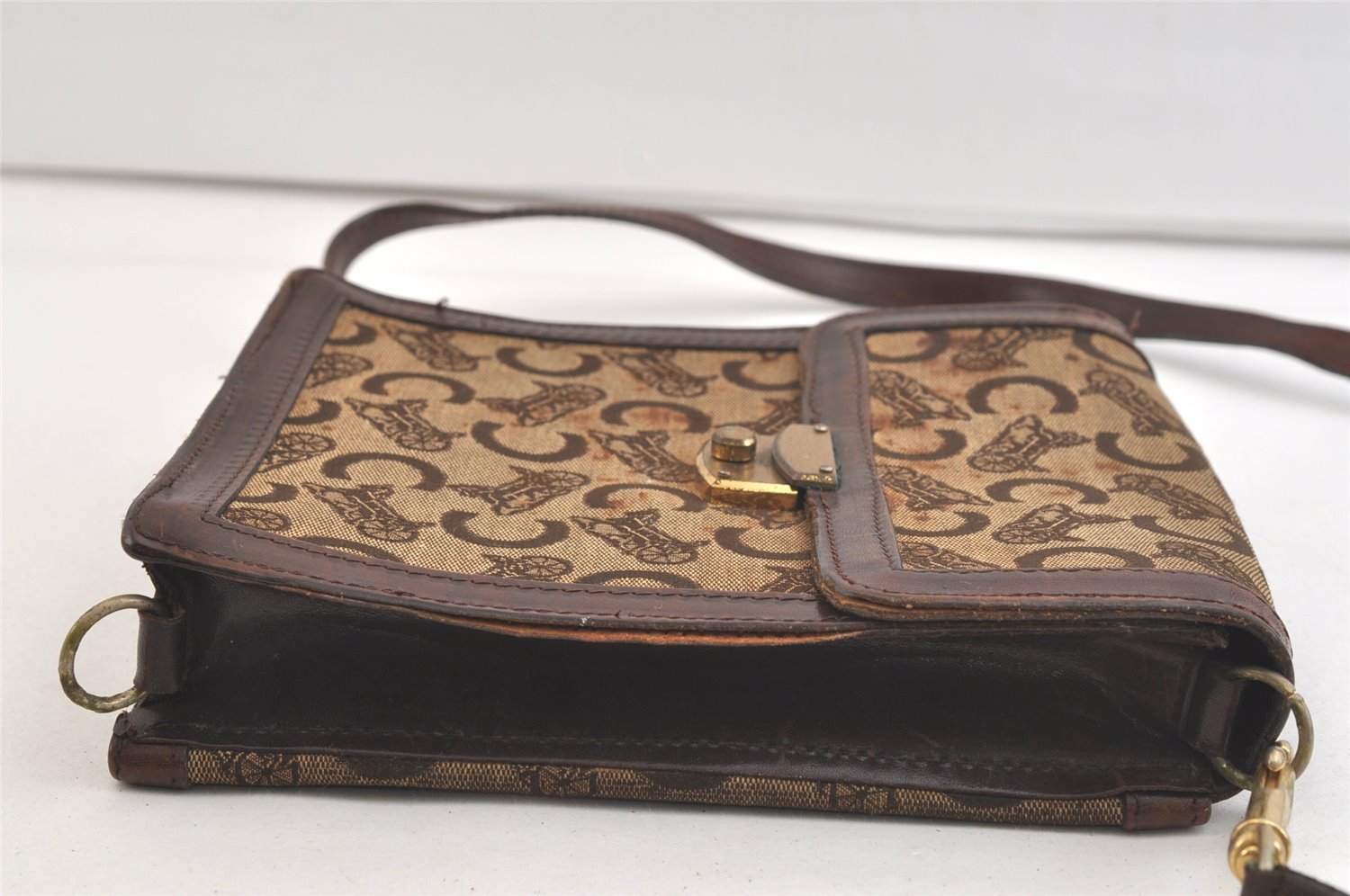 Authentic CELINE C Macadam Blason Shoulder Bag Canvas Leather Brown Junk 3511K