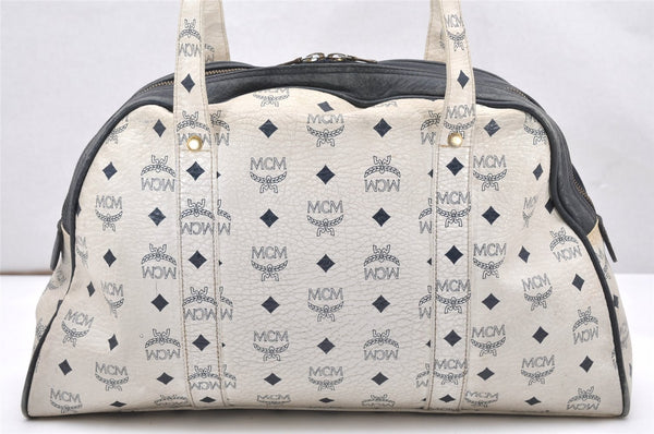 Authentic MCM Vintage Leather Shoulder Boston Bag White Navy 3513K