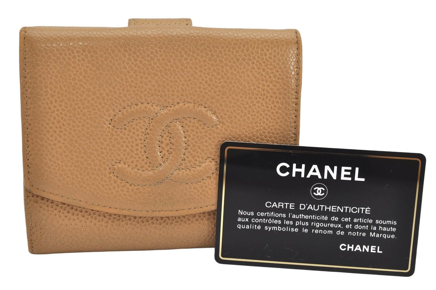 Authentic CHANEL Vintage Caviar Skin CC Logo Bifold Wallet Purse Beige 3517K