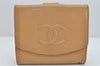 Authentic CHANEL Vintage Caviar Skin CC Logo Bifold Wallet Purse Beige 3517K