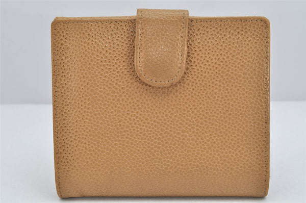 Authentic CHANEL Vintage Caviar Skin CC Logo Bifold Wallet Purse Beige 3517K