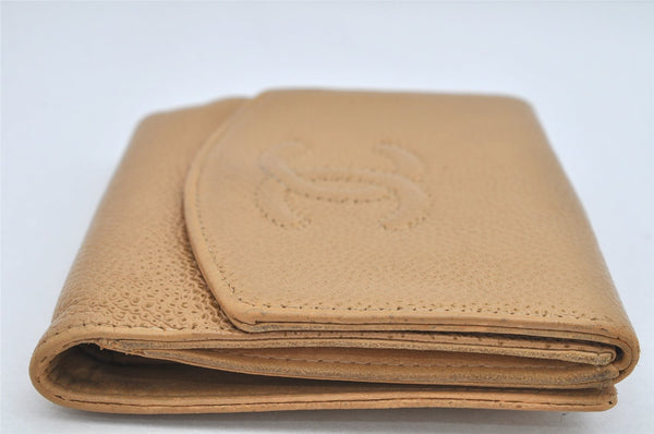 Authentic CHANEL Vintage Caviar Skin CC Logo Bifold Wallet Purse Beige 3517K