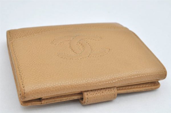 Authentic CHANEL Vintage Caviar Skin CC Logo Bifold Wallet Purse Beige 3517K