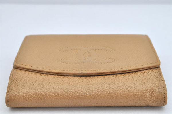 Authentic CHANEL Vintage Caviar Skin CC Logo Bifold Wallet Purse Beige 3517K