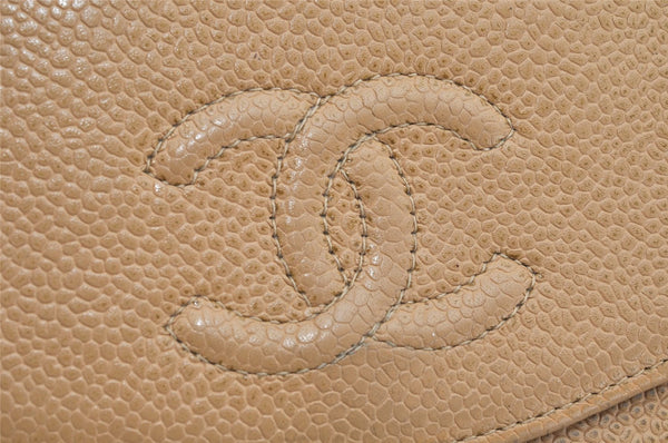 Authentic CHANEL Vintage Caviar Skin CC Logo Bifold Wallet Purse Beige 3517K
