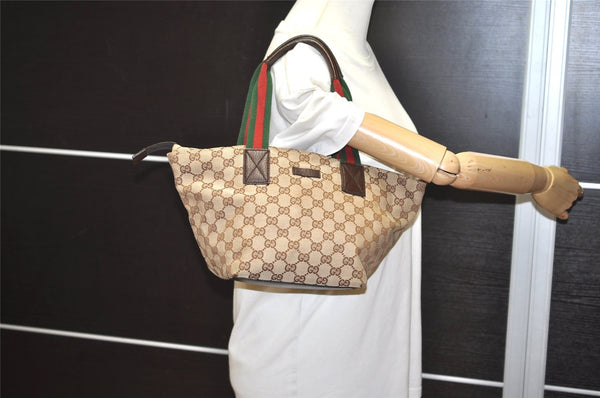 Authentic GUCCI Web Sherry Line Tote Bag GG Canvas Leather 131228 Brown 3521I