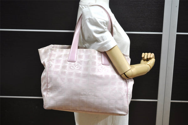 Authentic CHANEL New Travel Line Shoulder Tote Bag Nylon Leather Pink 3523K