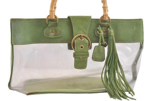 Authentic MIU MIU Vintage Tassel Vinyl Suede Shoulder Tote Bag Clear Green 3524K