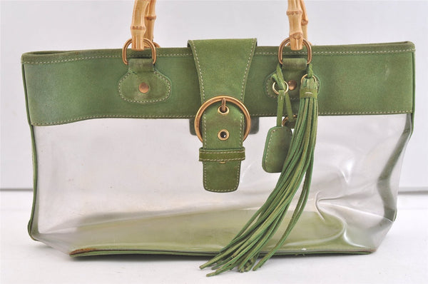 Authentic MIU MIU Vintage Tassel Vinyl Suede Shoulder Tote Bag Clear Green 3524K