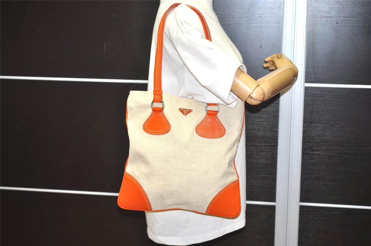 Authentic PRADA Vintage Canvas Leather Shoulder Tote Bag Beige Orange 3528I