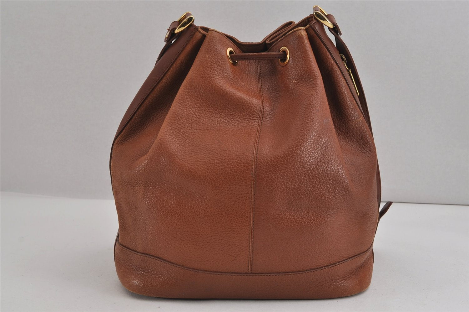 Authentic Burberrys Vintage Leather Shoulder Cross Drawstring Bag Brown 3528J