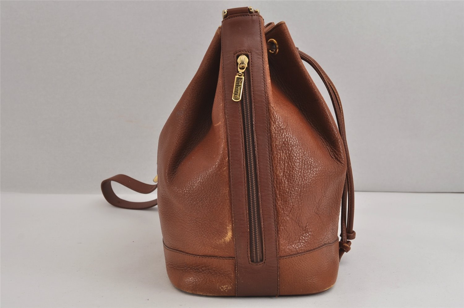Authentic Burberrys Vintage Leather Shoulder Cross Drawstring Bag Brown 3528J