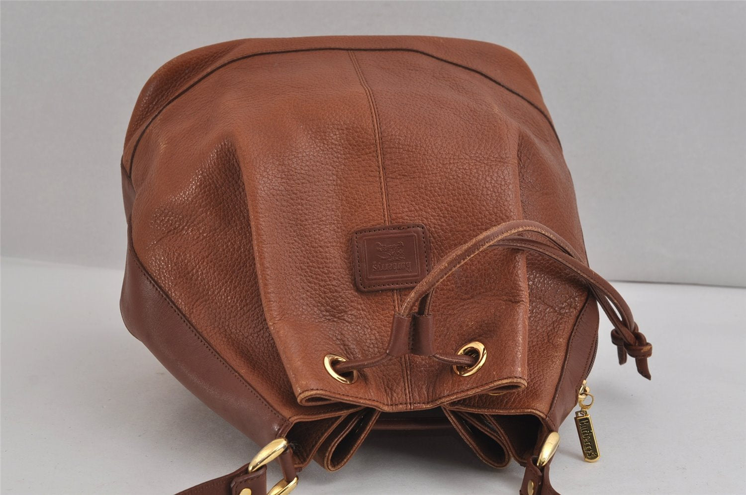 Authentic Burberrys Vintage Leather Shoulder Cross Drawstring Bag Brown 3528J