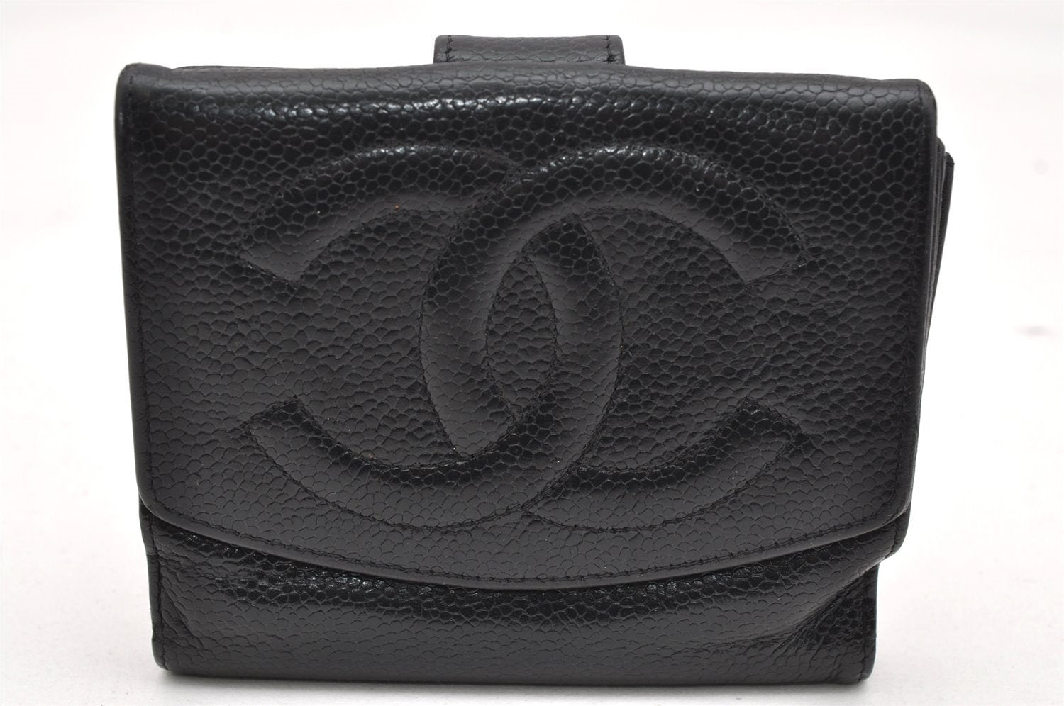 Authentic CHANEL Caviar Skin CC Logo Bifold Wallet Purse Black 3529K