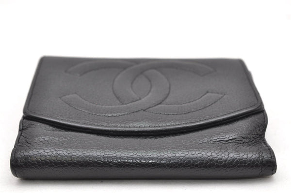 Authentic CHANEL Caviar Skin CC Logo Bifold Wallet Purse Black 3529K