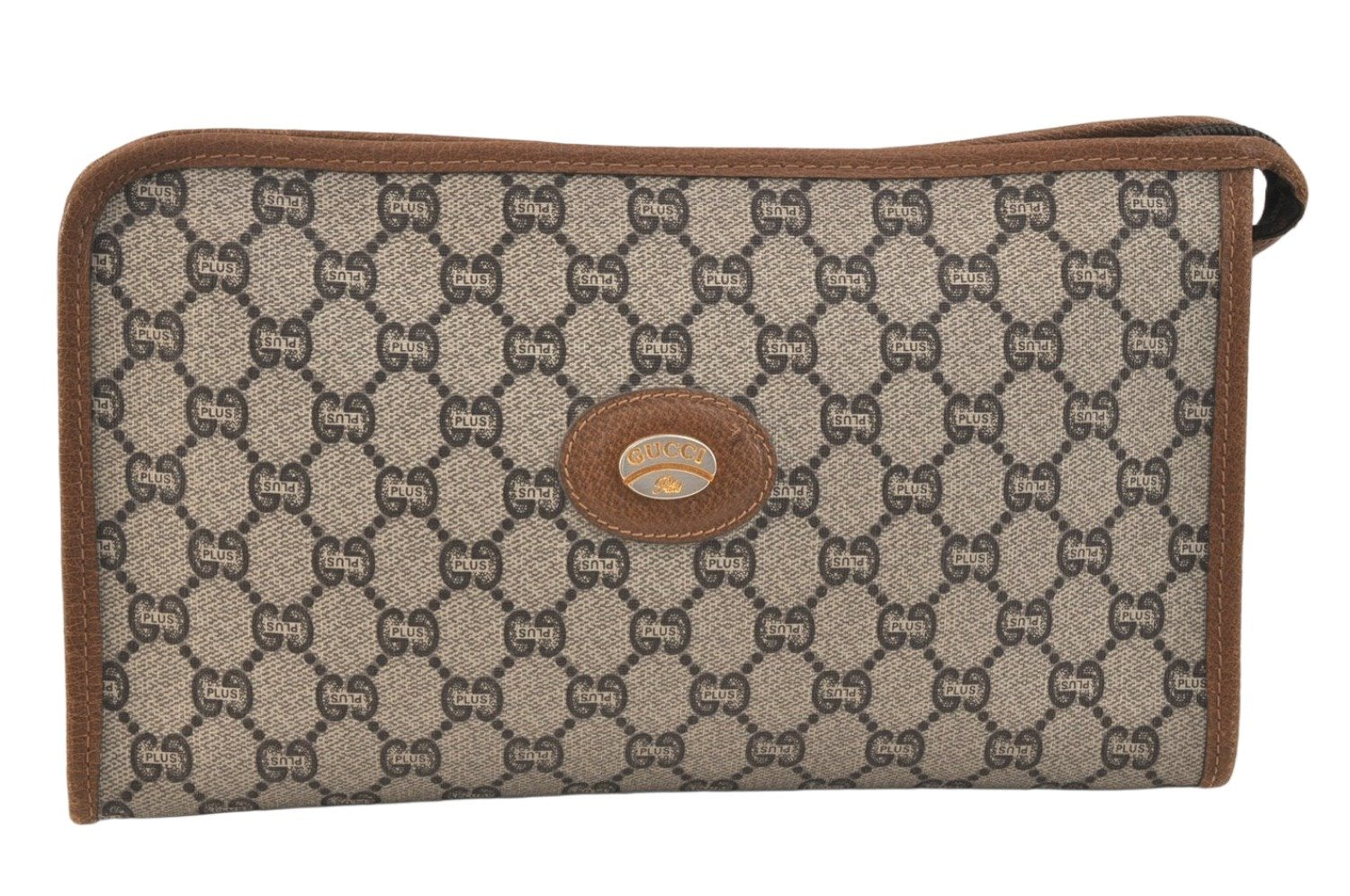 Authentic GUCCI GG Plus Clutch Hand Bag Purse GG PVC Leather Brown 3532K