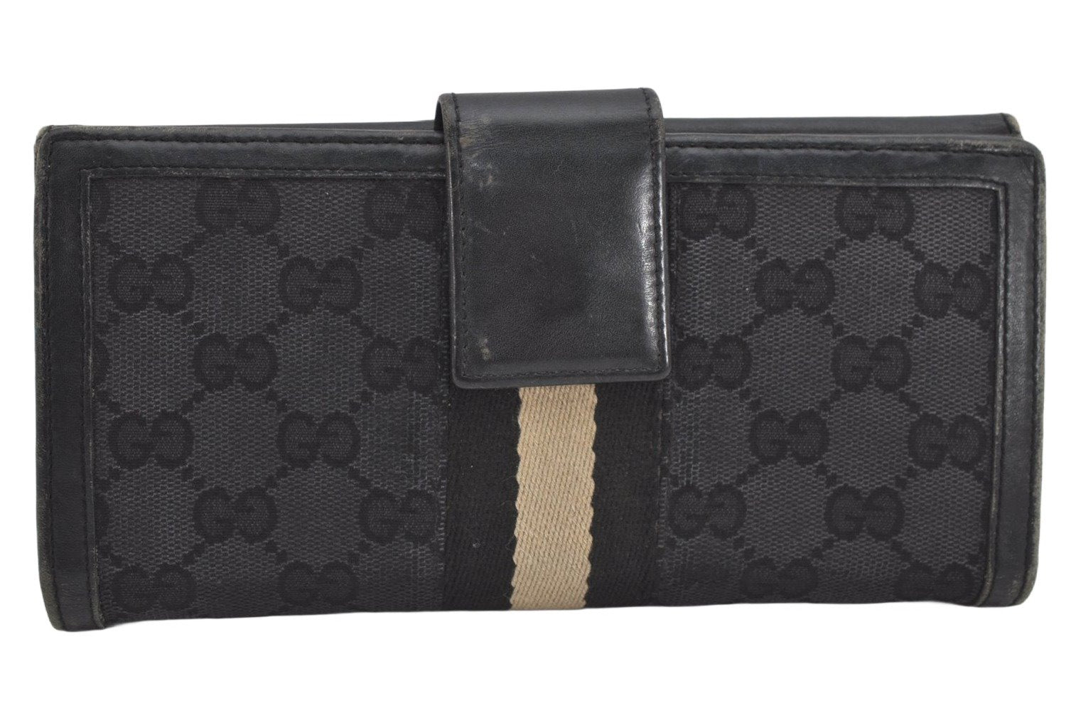 Authentic GUCCI Sherry Line Long Wallet Purse GG Canvas Leather Black 3537K