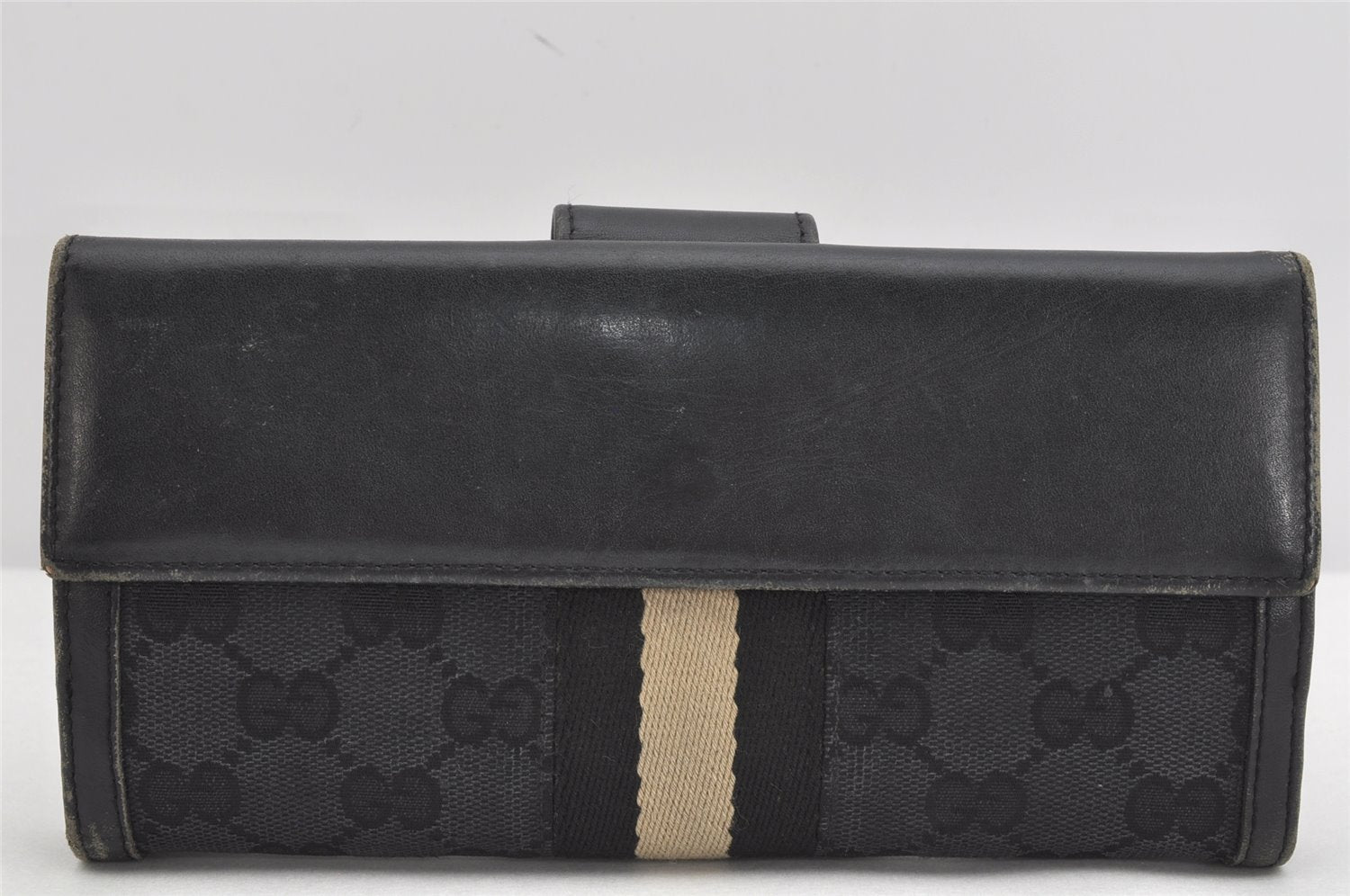 Authentic GUCCI Sherry Line Long Wallet Purse GG Canvas Leather Black 3537K