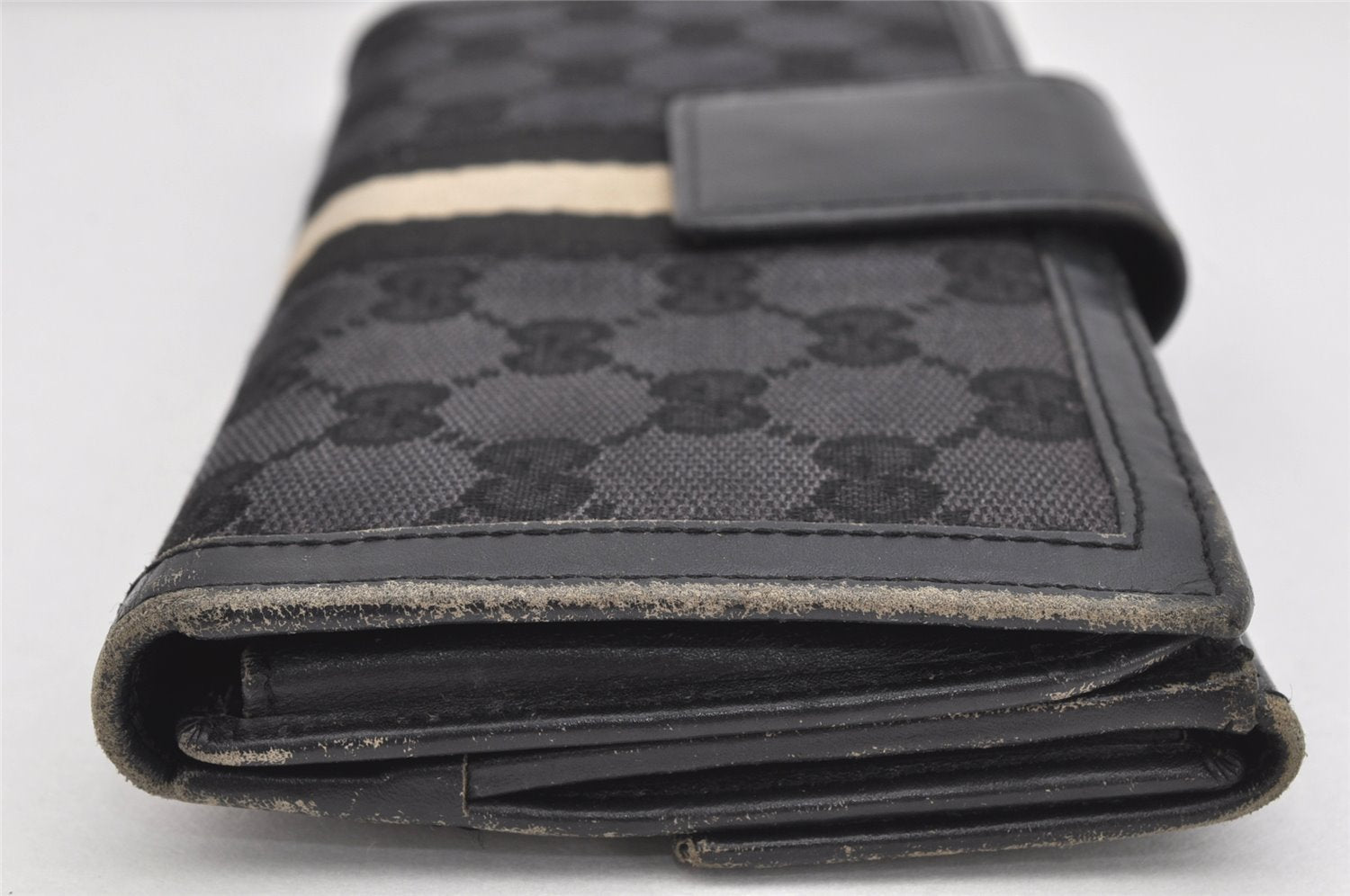 Authentic GUCCI Sherry Line Long Wallet Purse GG Canvas Leather Black 3537K