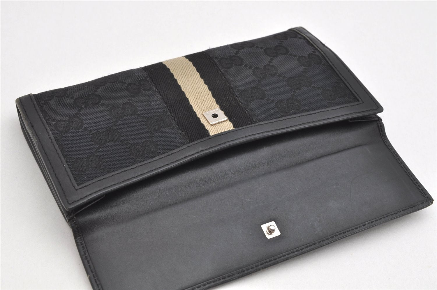 Authentic GUCCI Sherry Line Long Wallet Purse GG Canvas Leather Black 3537K