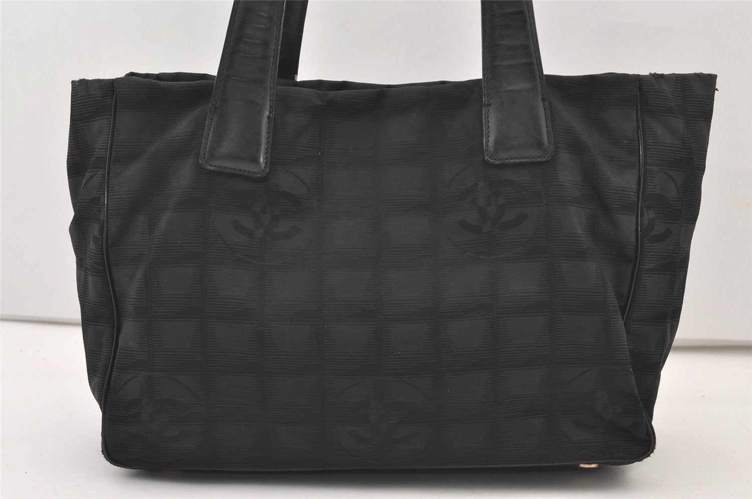 Authentic CHANEL New Travel Line Shoulder Tote Bag Nylon Leather Black 3539J