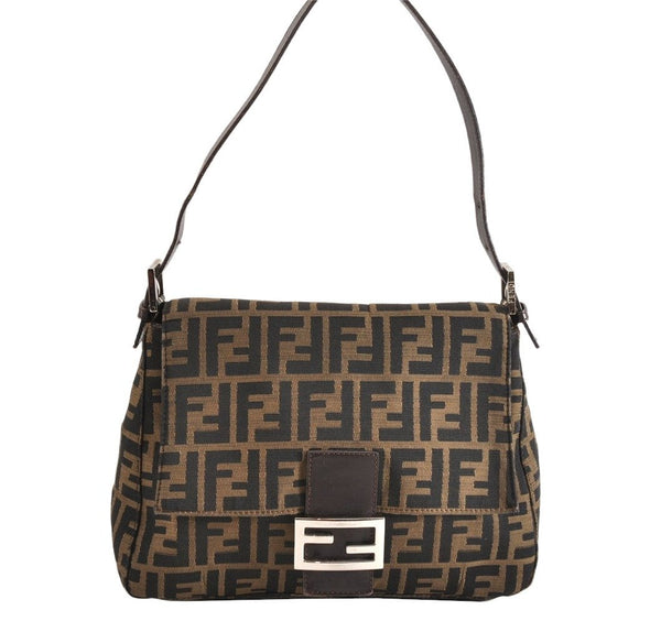 Authentic FENDI Zucca Mamma Baguette Shoulder Bag Canvas Leather Brown 3539M