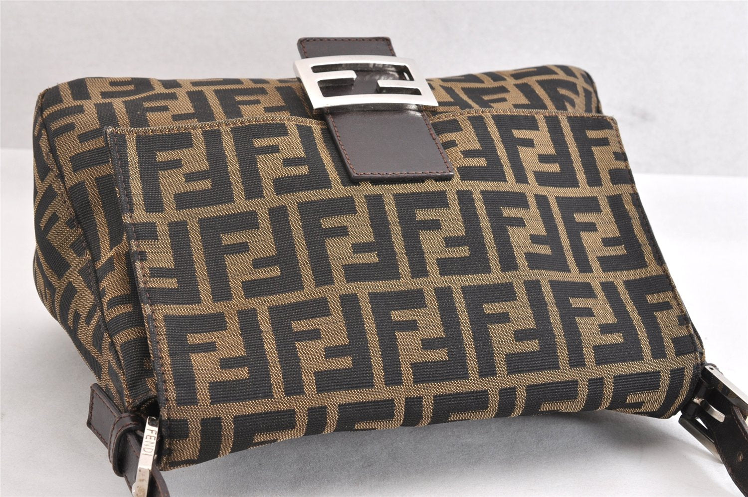 Authentic FENDI Zucca Mamma Baguette Shoulder Bag Canvas Leather Brown 3539M