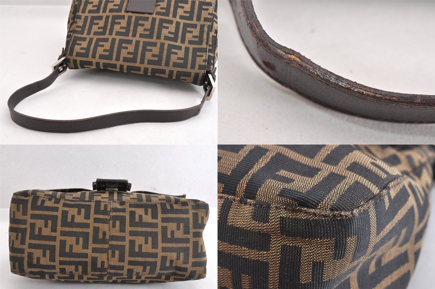 Authentic FENDI Zucca Mamma Baguette Shoulder Bag Canvas Leather Brown 3539M