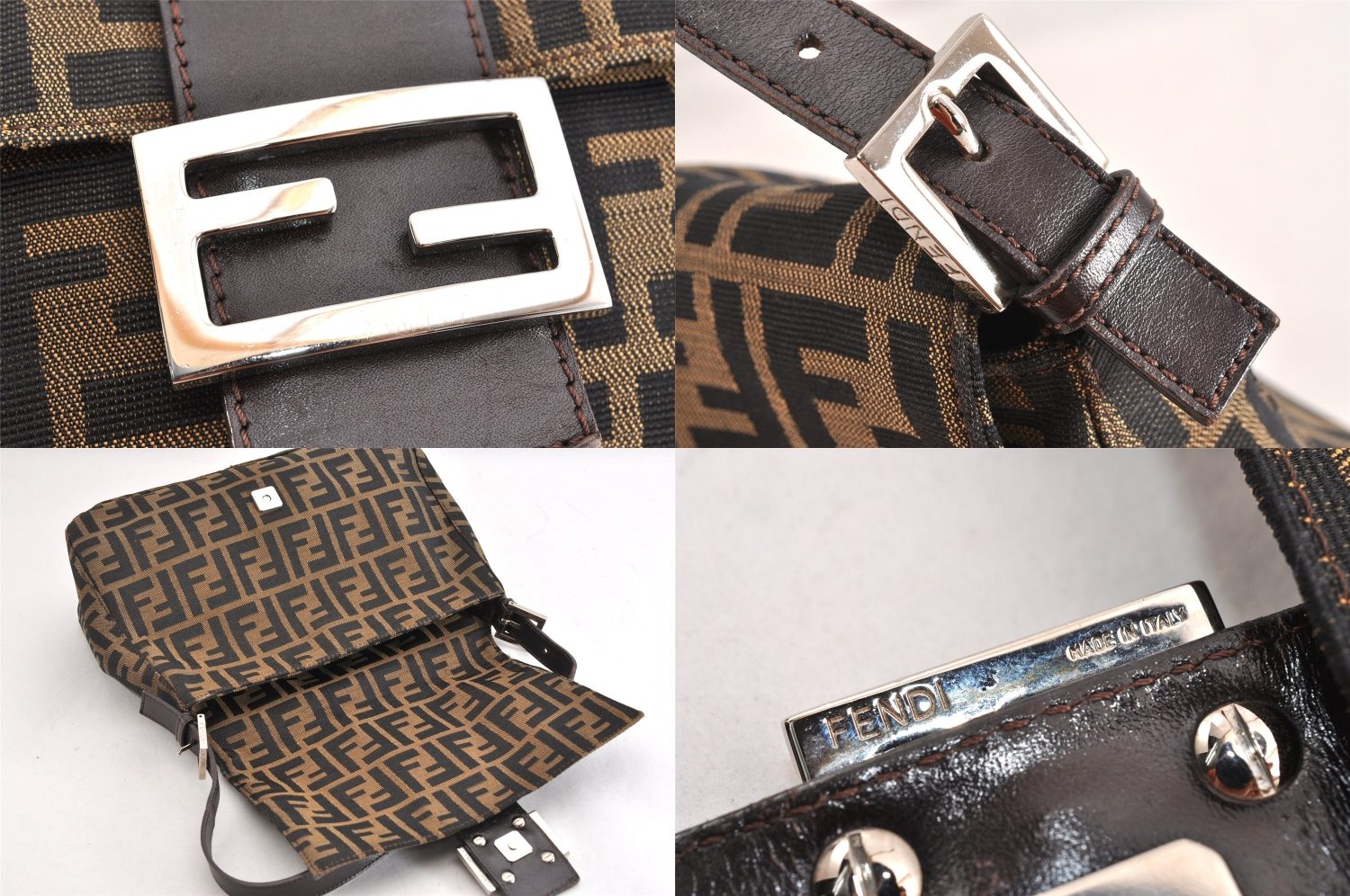 Authentic FENDI Zucca Mamma Baguette Shoulder Bag Canvas Leather Brown 3539M