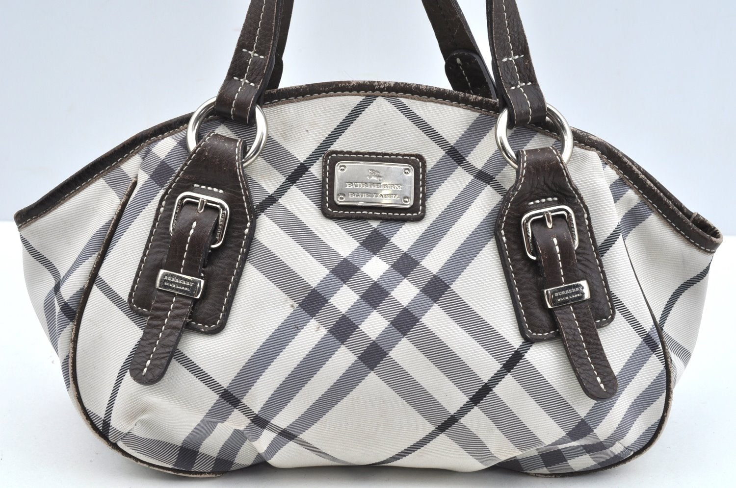 Authentic BURBERRY BLUE LABEL Check Shoulder Hand Bag Nylon Leather White 3546J