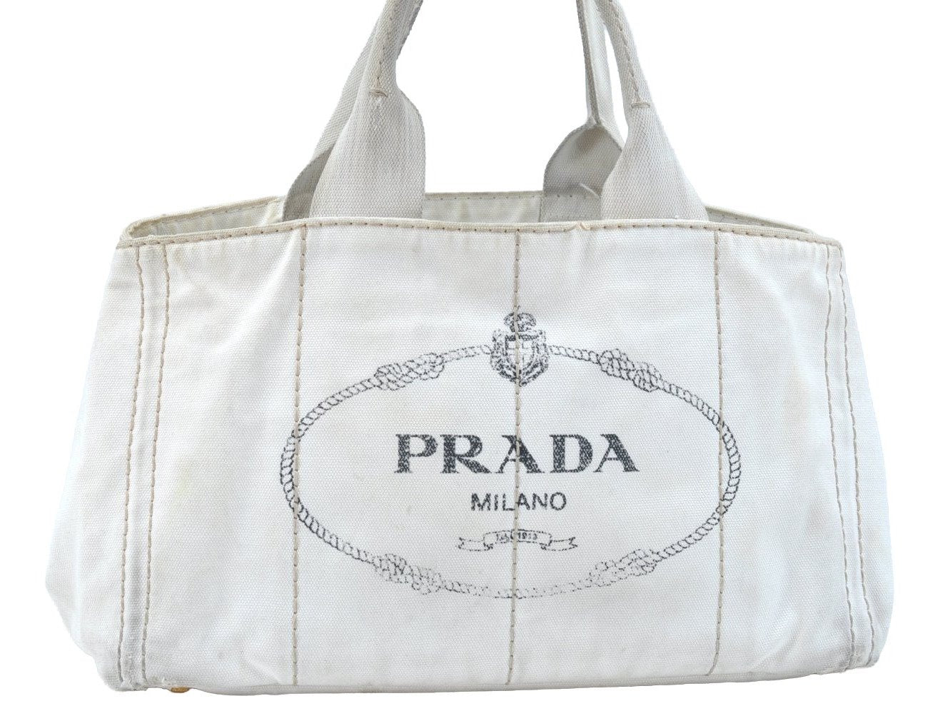 Authentic PRADA Canapa M Vintage Canvas Tote Hand Bag White 3547I