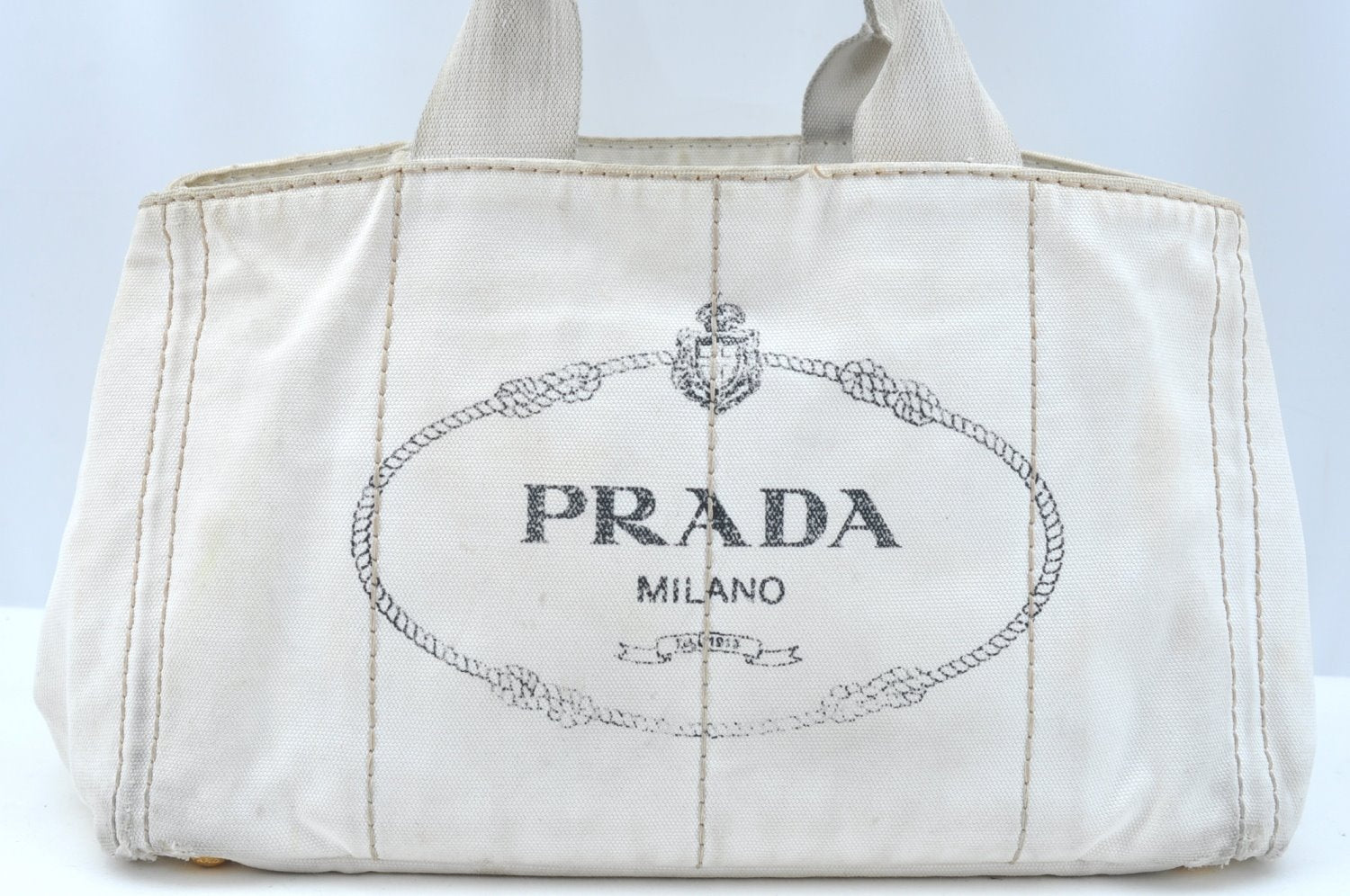 Authentic PRADA Canapa M Vintage Canvas Tote Hand Bag White 3547I