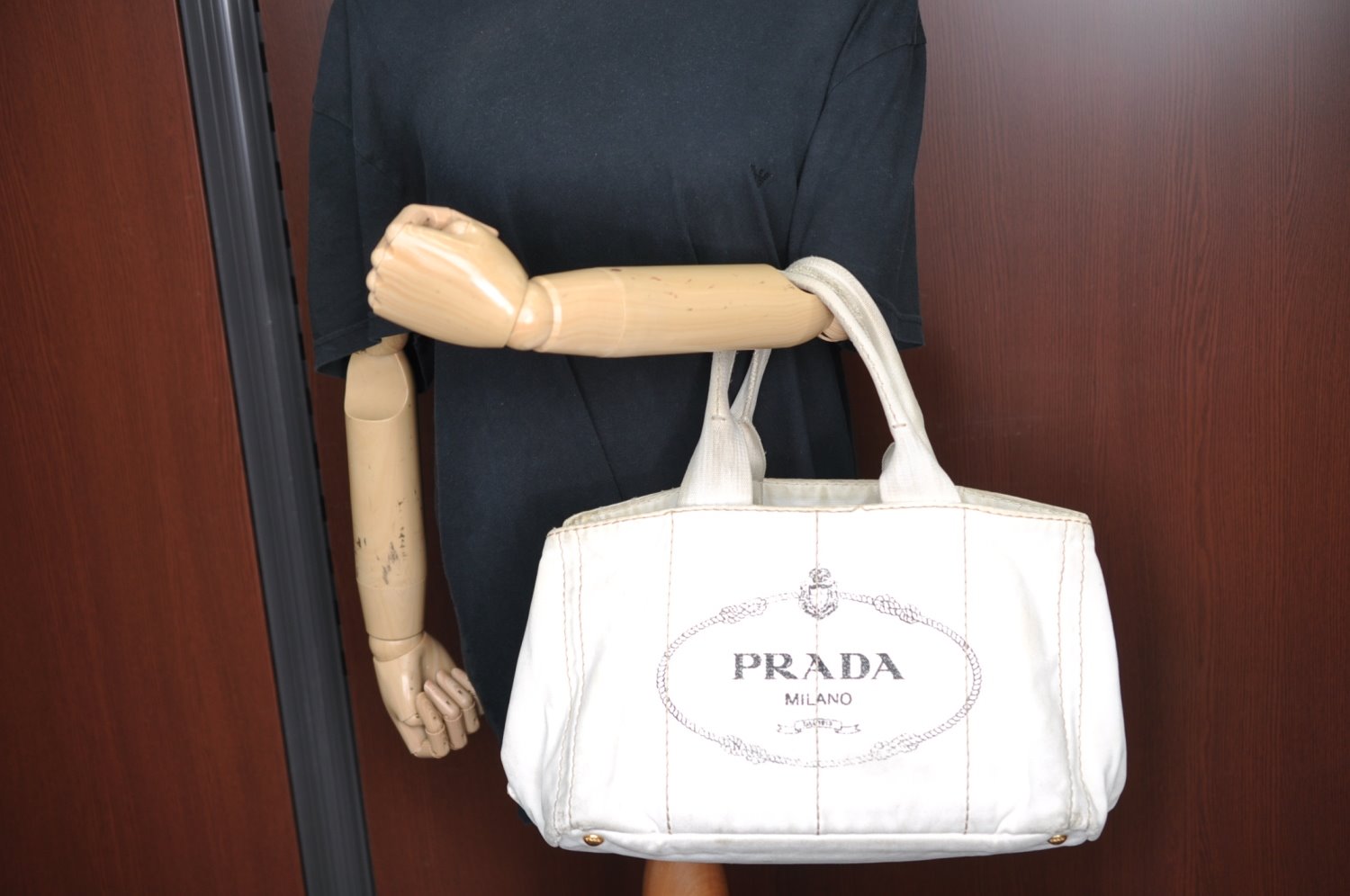 Authentic PRADA Canapa M Vintage Canvas Tote Hand Bag White 3547I