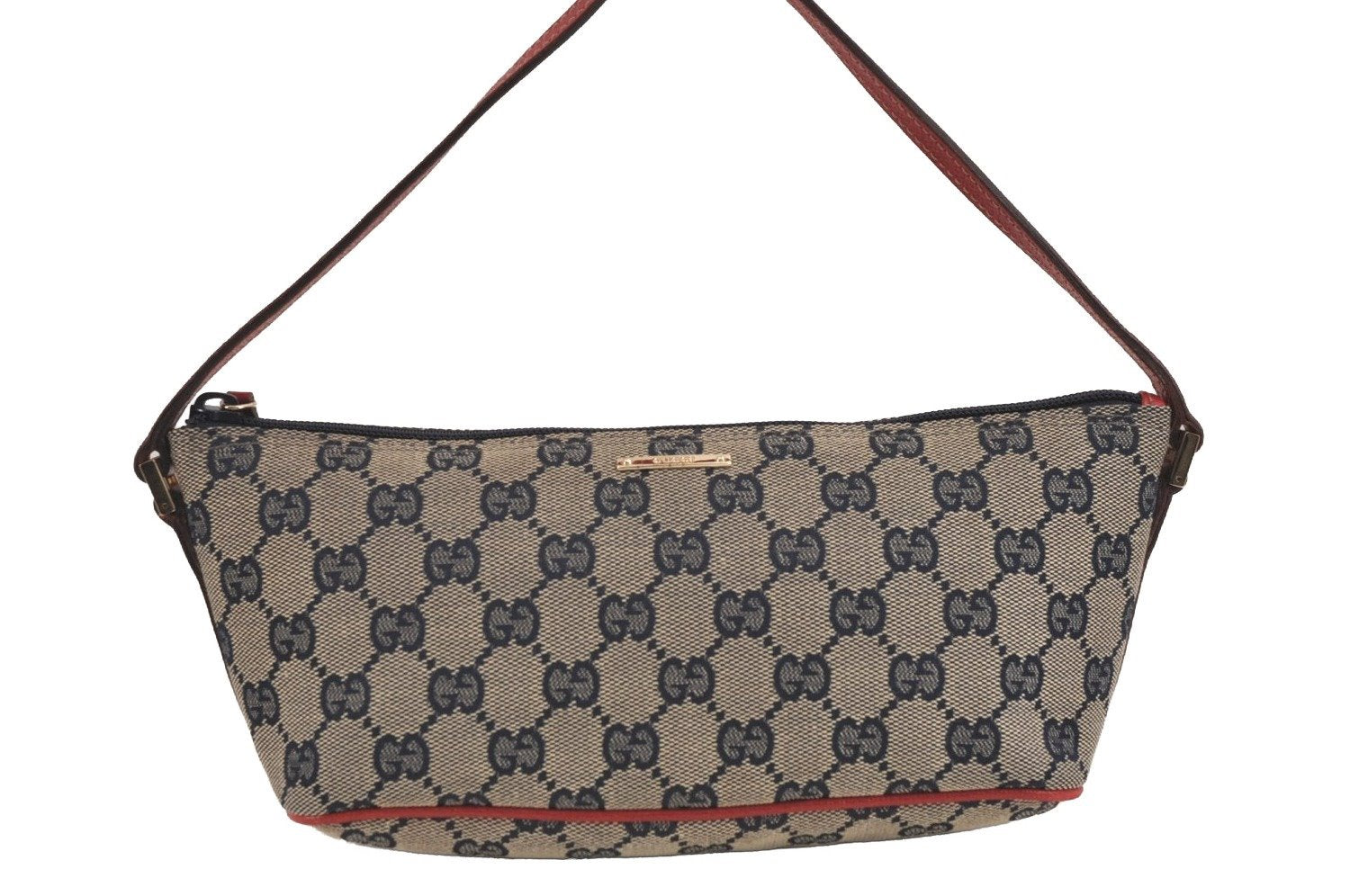 Authentic GUCCI Hand Bag Pouch Purse GG Canvas Leather 07198 Navy Blue 3548J