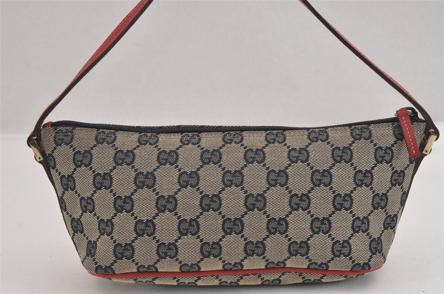 Authentic GUCCI Hand Bag Pouch Purse GG Canvas Leather 07198 Navy Blue 3548J