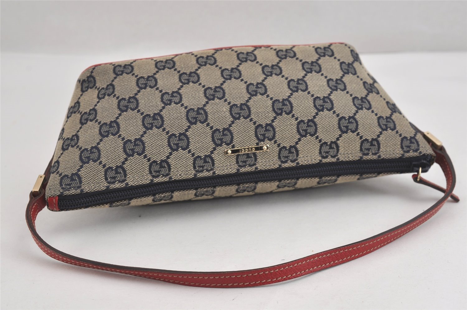 Authentic GUCCI Hand Bag Pouch Purse GG Canvas Leather 07198 Navy Blue 3548J