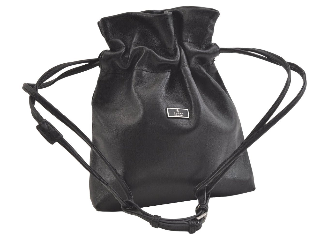 Authentic GUCCI Vintage Shoulder Hand Drawstring Bag Purse Leather Black 3549K