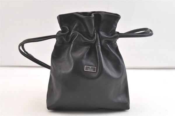 Authentic GUCCI Vintage Shoulder Hand Drawstring Bag Purse Leather Black 3549K
