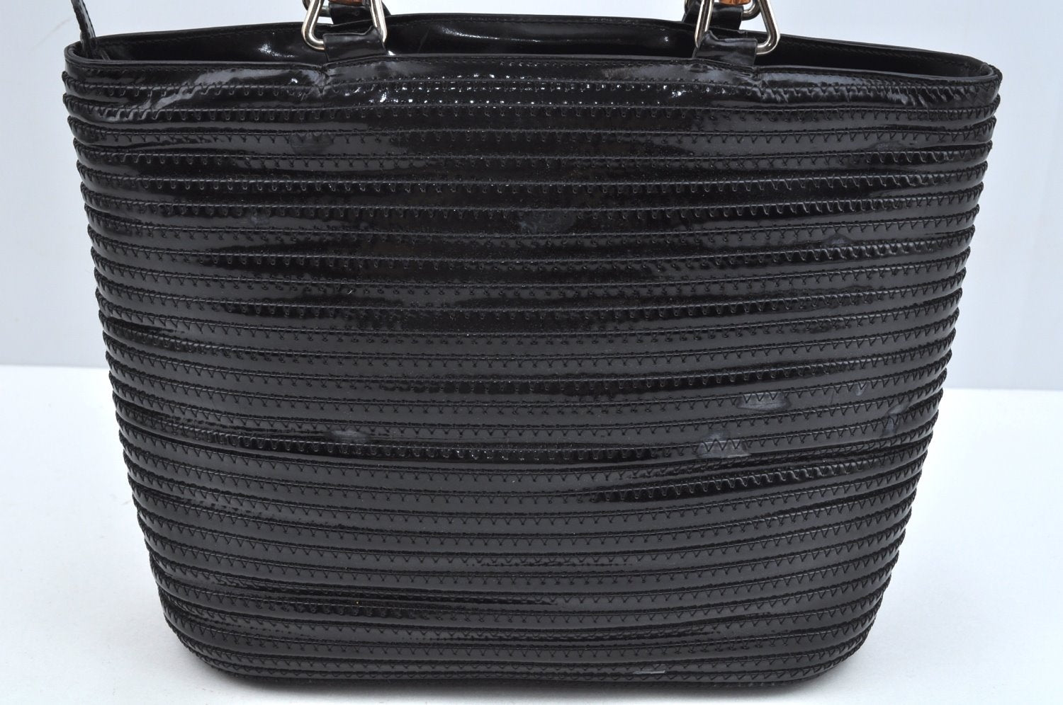 Authentic GUCCI Vintage Bamboo Tote Hand Bag Enamel Black 3552J