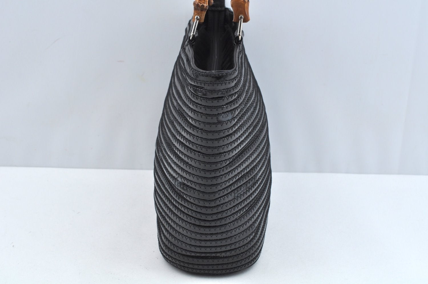 Authentic GUCCI Vintage Bamboo Tote Hand Bag Enamel Black 3552J