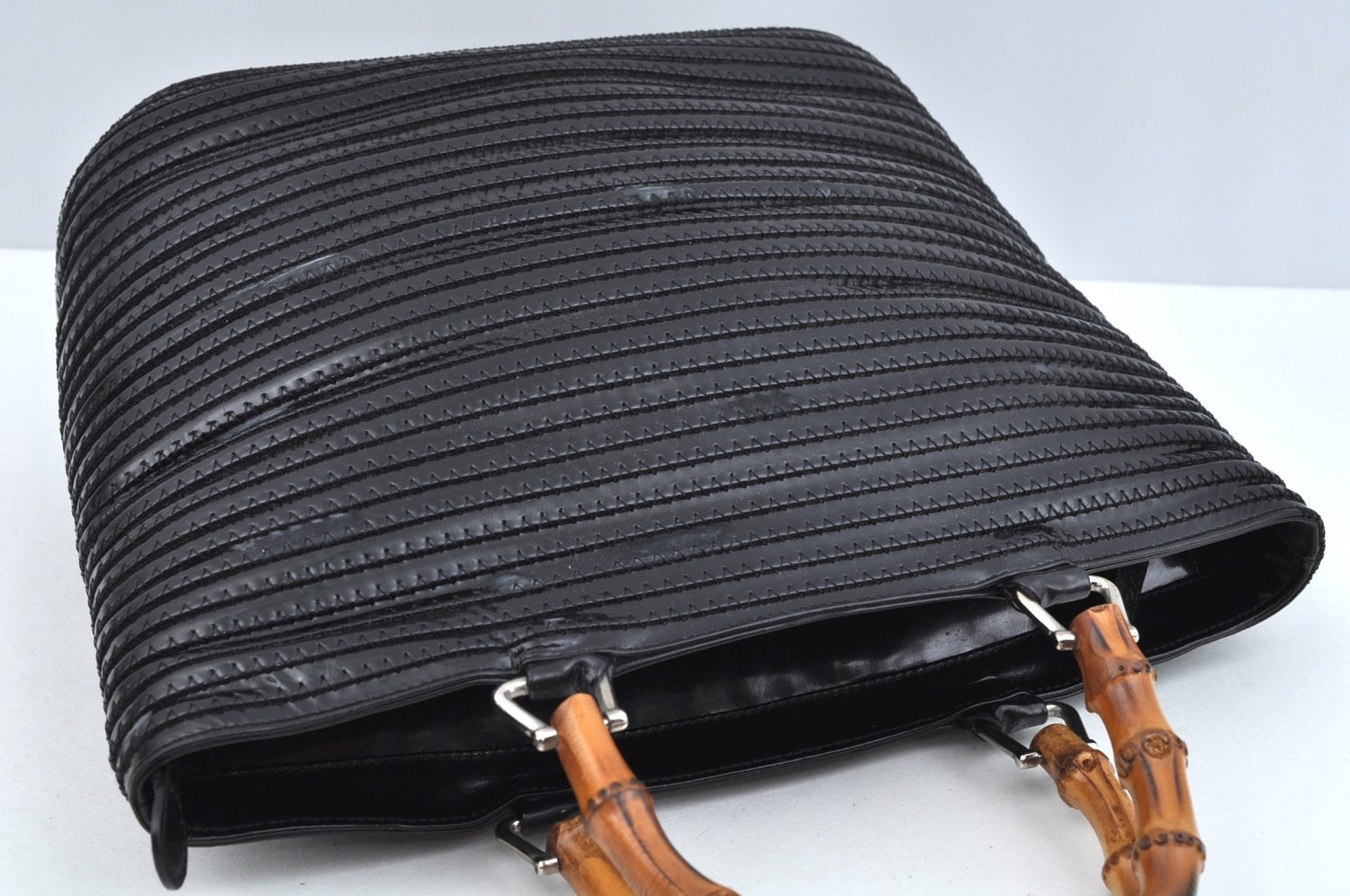 Authentic GUCCI Vintage Bamboo Tote Hand Bag Enamel Black 3552J