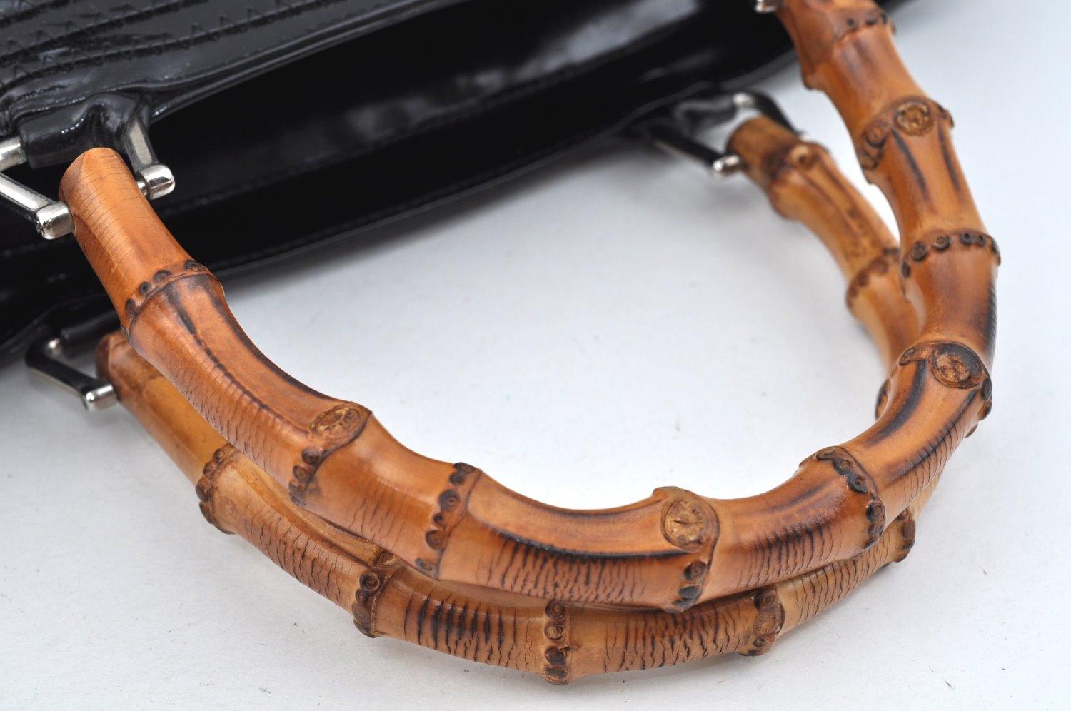 Authentic GUCCI Vintage Bamboo Tote Hand Bag Enamel Black 3552J