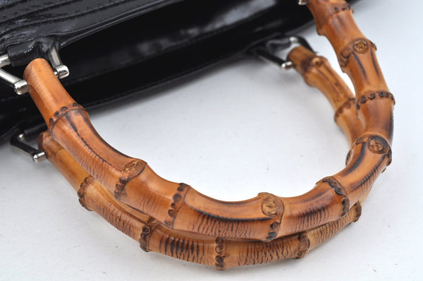 Authentic GUCCI Vintage Bamboo Tote Hand Bag Enamel Black 3552J