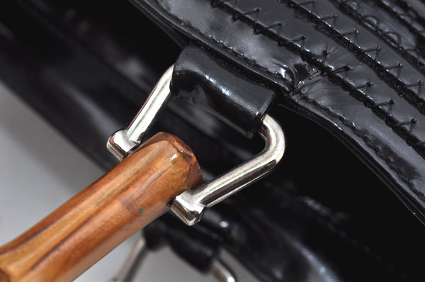 Authentic GUCCI Vintage Bamboo Tote Hand Bag Enamel Black 3552J