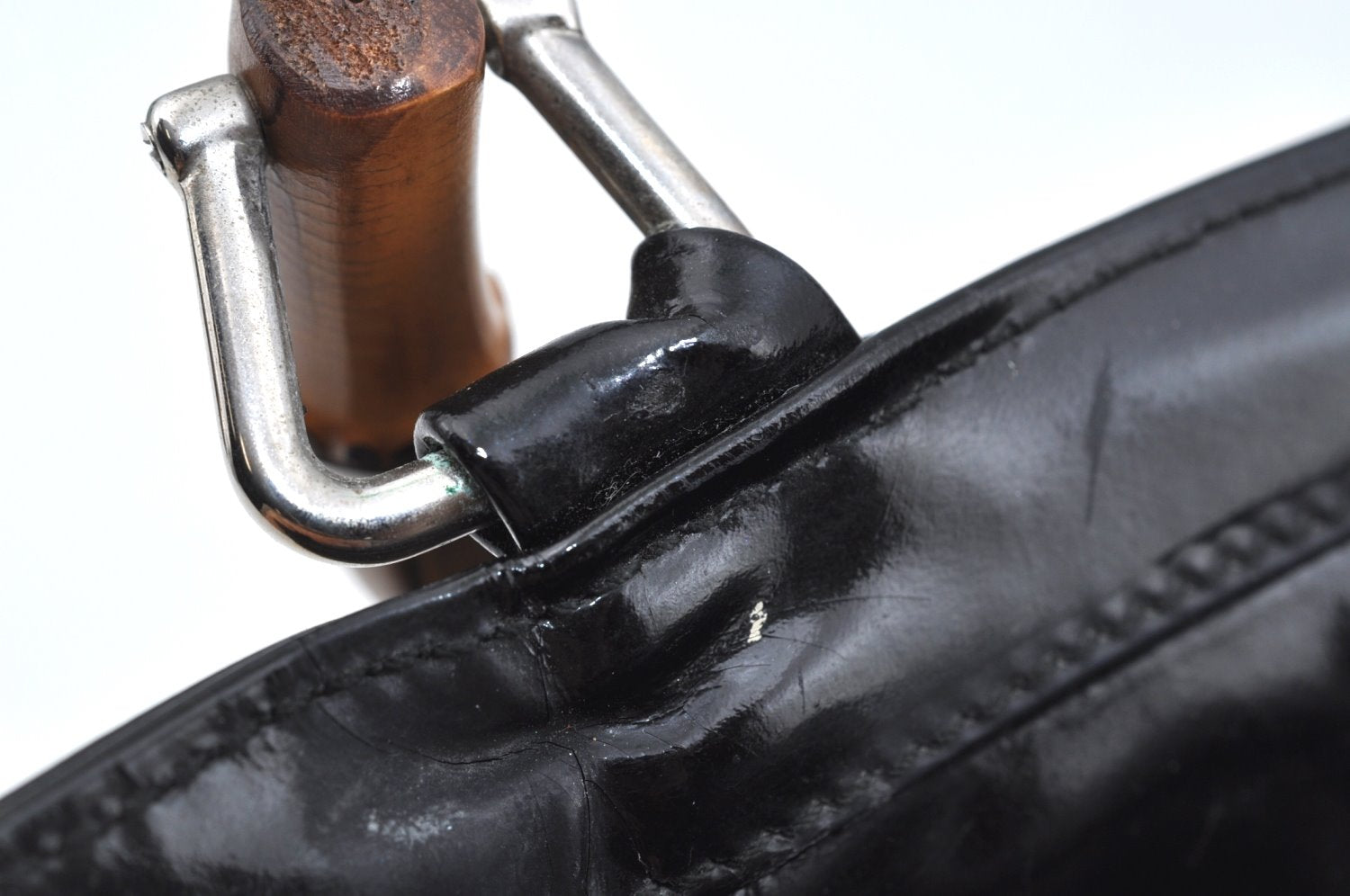 Authentic GUCCI Vintage Bamboo Tote Hand Bag Enamel Black 3552J