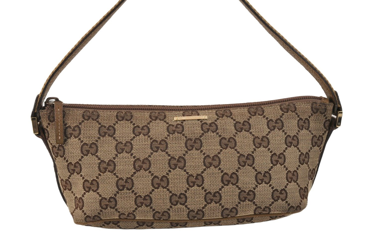 Authentic GUCCI Sherry Line Hand Bag Pouch GG Canvas Leather 141809 Brown 3553K