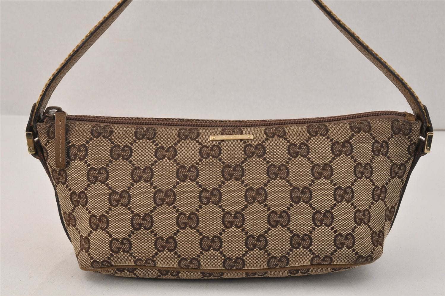 Authentic GUCCI Sherry Line Hand Bag Pouch GG Canvas Leather 141809 Brown 3553K