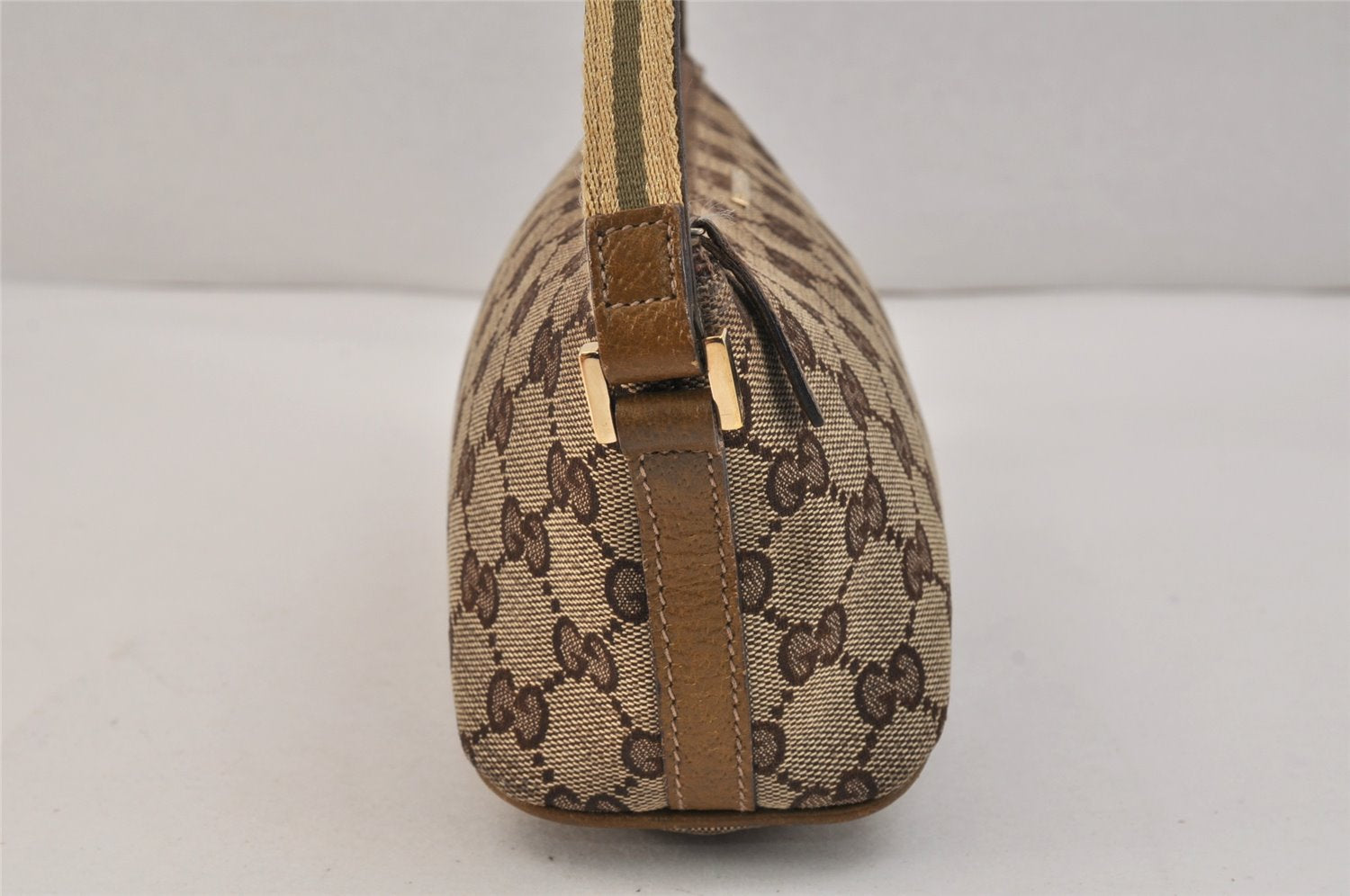 Authentic GUCCI Sherry Line Hand Bag Pouch GG Canvas Leather 141809 Brown 3553K