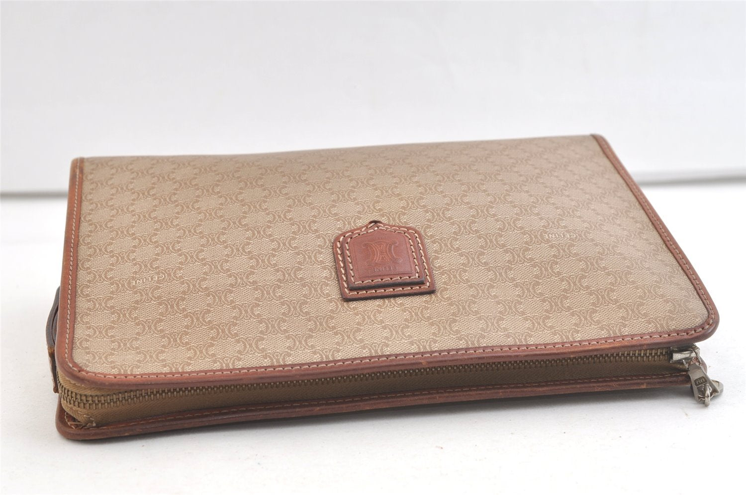 Authentic CELINE Macadam Blason Pattern Clutch Hand Bag PVC Leather Beige 3554K